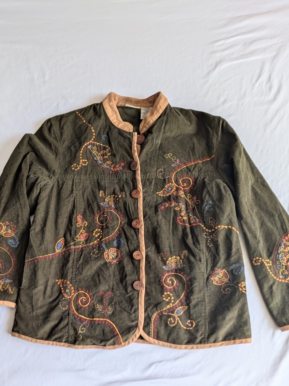 White Stag VTG Olive Green Embroidered Corderoy Jacket w/ Tan Mandarin Neck XL